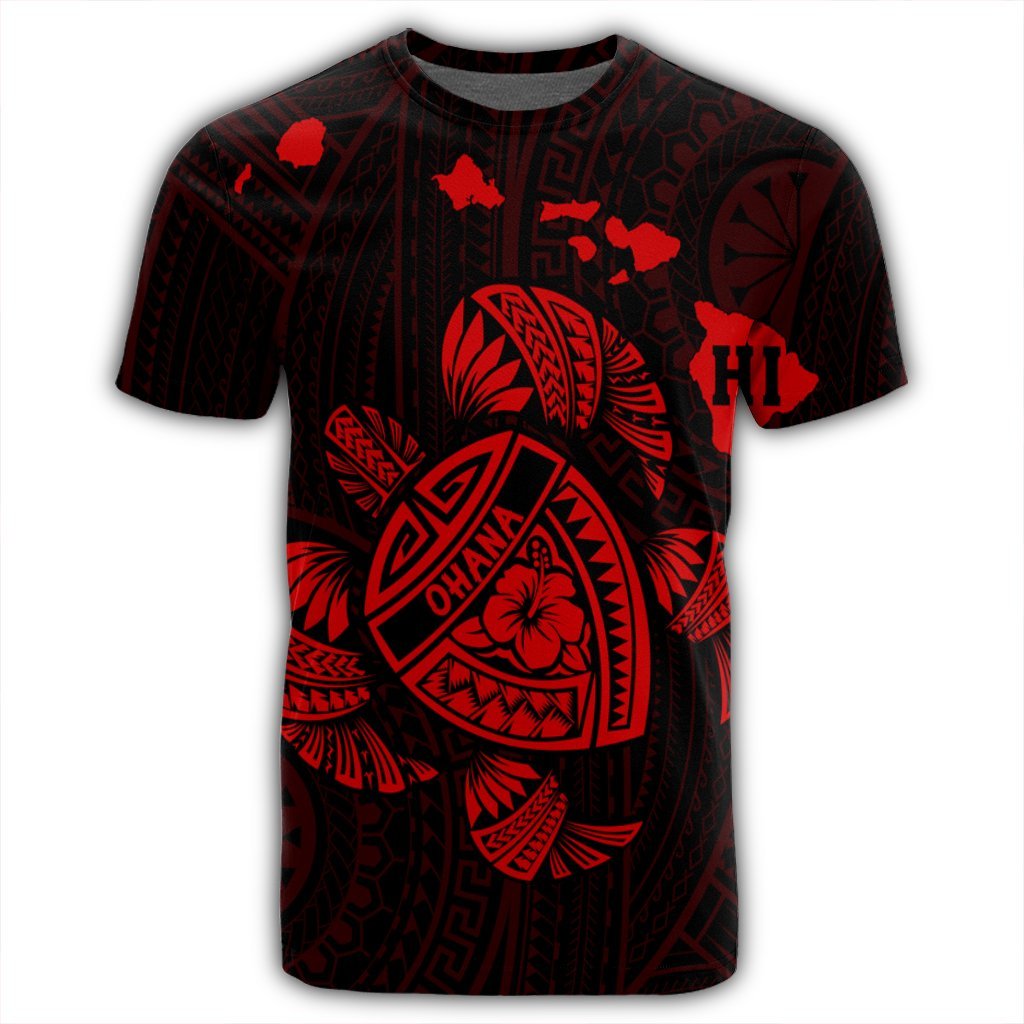 Hawaiian Map Turtle Ohana Hibicus Polynesian T Shirt Red AH - Polynesian Pride