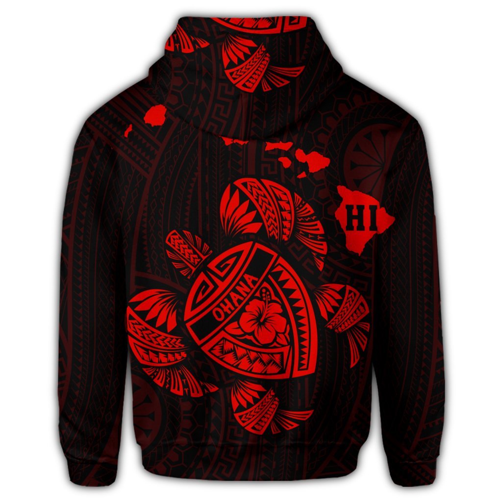 Hawaiian Map Turtle Ohana Hibicus Polynesian Hoodie Red - Polynesian Pride