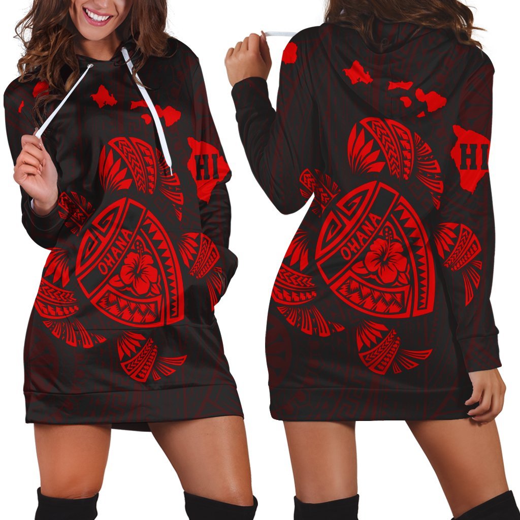 Hawaiian Map Turtle Ohana Hibicus Polynesian Hoodie Dress - Red - AH Black - Polynesian Pride