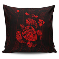 Hawaiian Map Turtle Ohana Hibicus Polynesian Pillow Covers - Red - AH Pillow Covers Black - Polynesian Pride