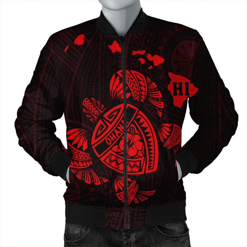 Hawaiian Map Turtle Ohana Hibicus Polynesian Bomber Jacket - Red - AH Black Unisex - Polynesian Pride