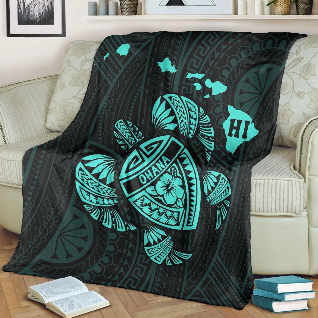 Hawaiian Map Turtle Ohana Hibicus Polynesian Premium Blankets - Turquoise - AH - Polynesian Pride