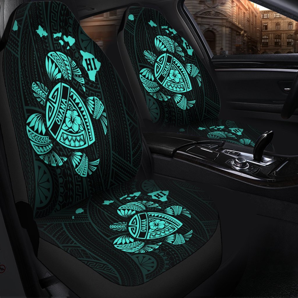Hawaiian Map Turtle Ohana Hibicus Polynesian Car Seat Covers - Turquoise - AH - Polynesian Pride
