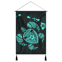 Hawaiian Map Turtle Ohana Hibicus Polynesian Hanging Poster - Turquoise - AH Hanging Poster Cotton And Linen - Polynesian Pride