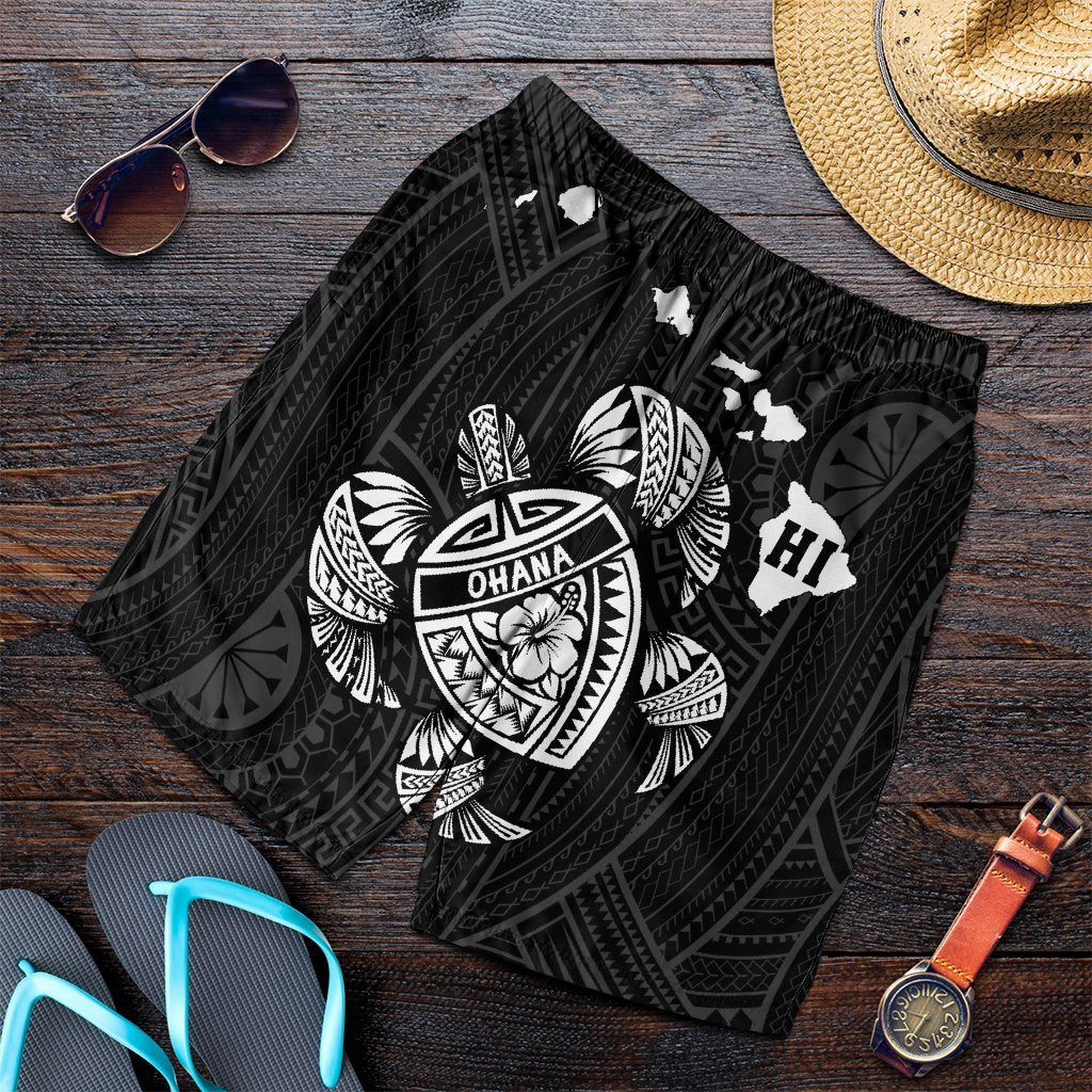 Hawaiian Map Turtle Ohana Hibicus Polynesian Men's Shorts - White - AH Art - Polynesian Pride