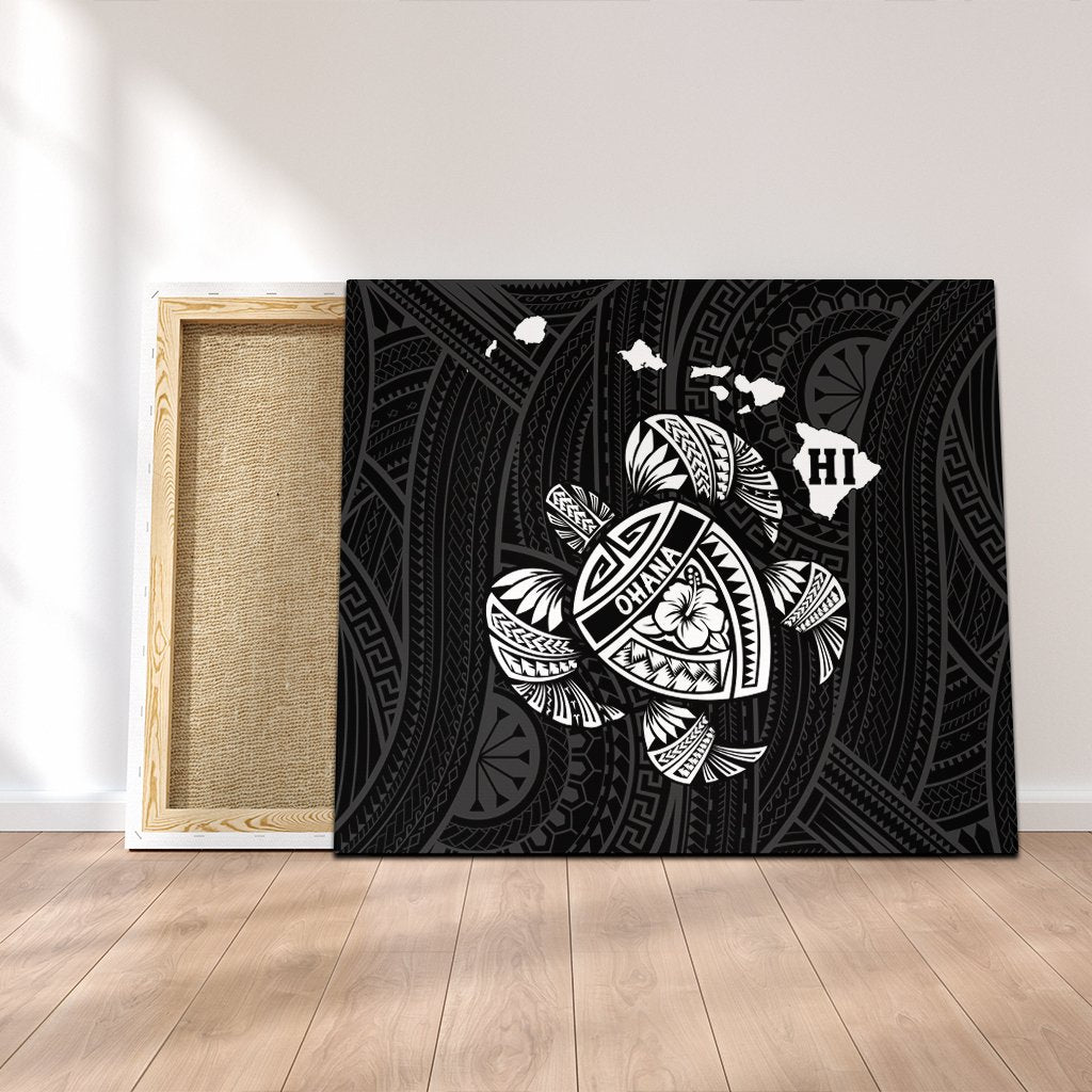 Hawaiian Map Turtle Ohana Hibicus Polynesian Canvas - White - AH Canvas Poly-cotton - Polynesian Pride