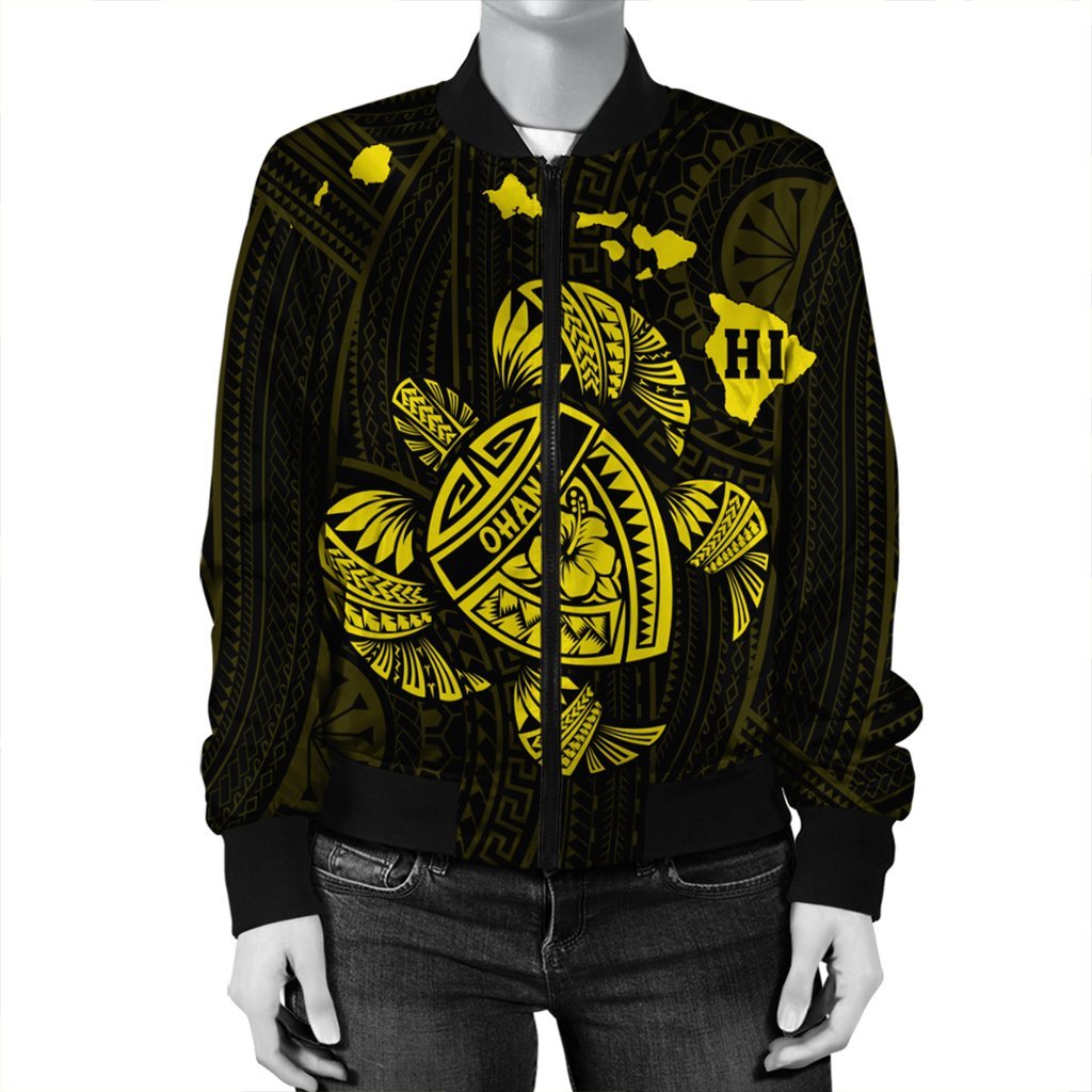 Hawaiian Map Turtle Ohana Hibicus Polynesian Bomber Jacket - Yellow - AH - Polynesian Pride