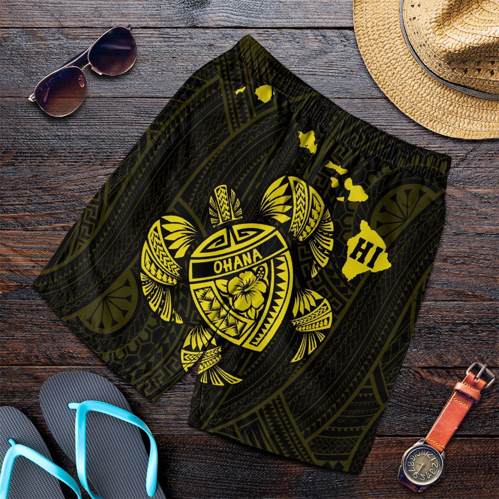 Hawaiian Map Turtle Ohana Hibicus Polynesian Men's Shorts - Yellow - AH Art - Polynesian Pride