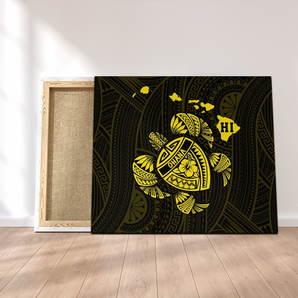 Hawaiian Map Turtle Ohana Hibicus Polynesian Canvas - Yellow - AH Canvas Poly-cotton - Polynesian Pride