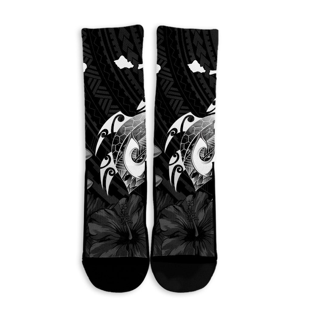 Hawaiian Map Turtle Plumeria Hibiscus Fish Hook Polynesian Crew Socks - AH - Polynesian Pride