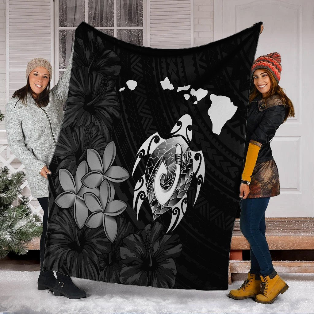 Hawaiian Map Turtle Plumeria Hibiscus Fish Hook Polynesian Premium Blankets - AH - Polynesian Pride