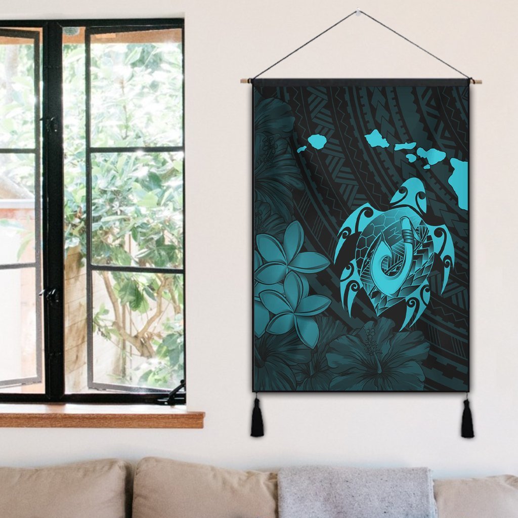 Hawaiian Map Turtle Plumeria Hibiscus Fish Hook Polynesian Hanging Poster Blue - AH - Polynesian Pride
