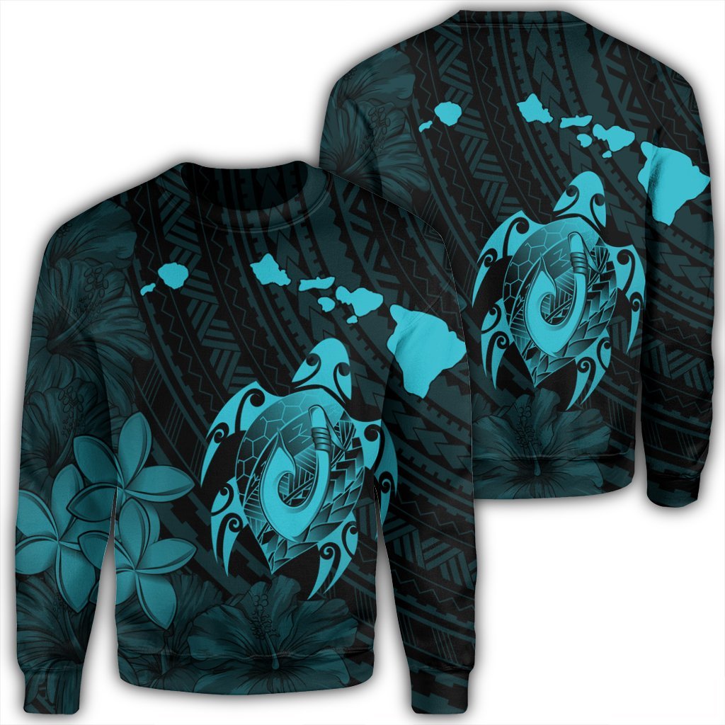 Hawaiian Map Turtle Plumeria Hibiscus Fish Hook Polynesian Sweatshirt Blue - AH Unisex Black - Polynesian Pride