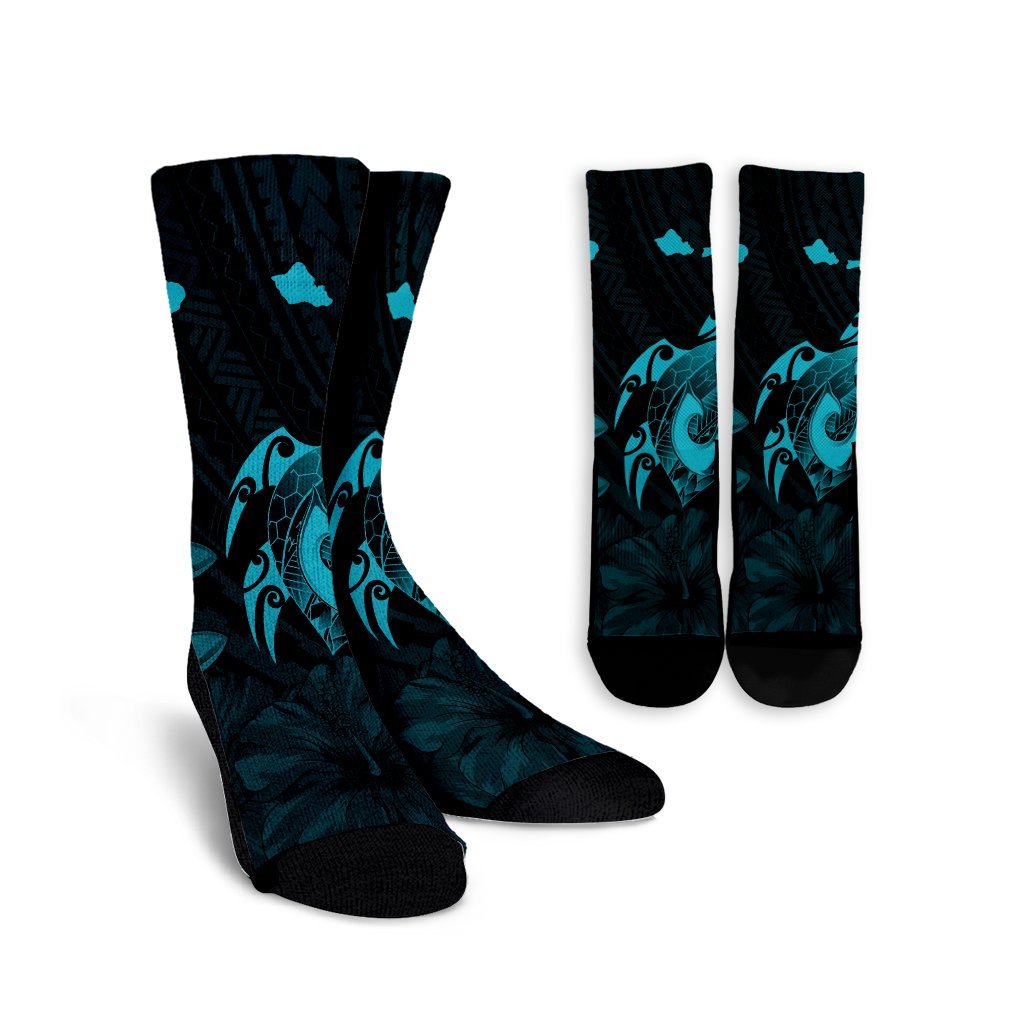 Hawaiian Map Turtle Plumeria Hibiscus Fish Hook Polynesian Crew Socks Blue - AH Crew Socks White - Polynesian Pride