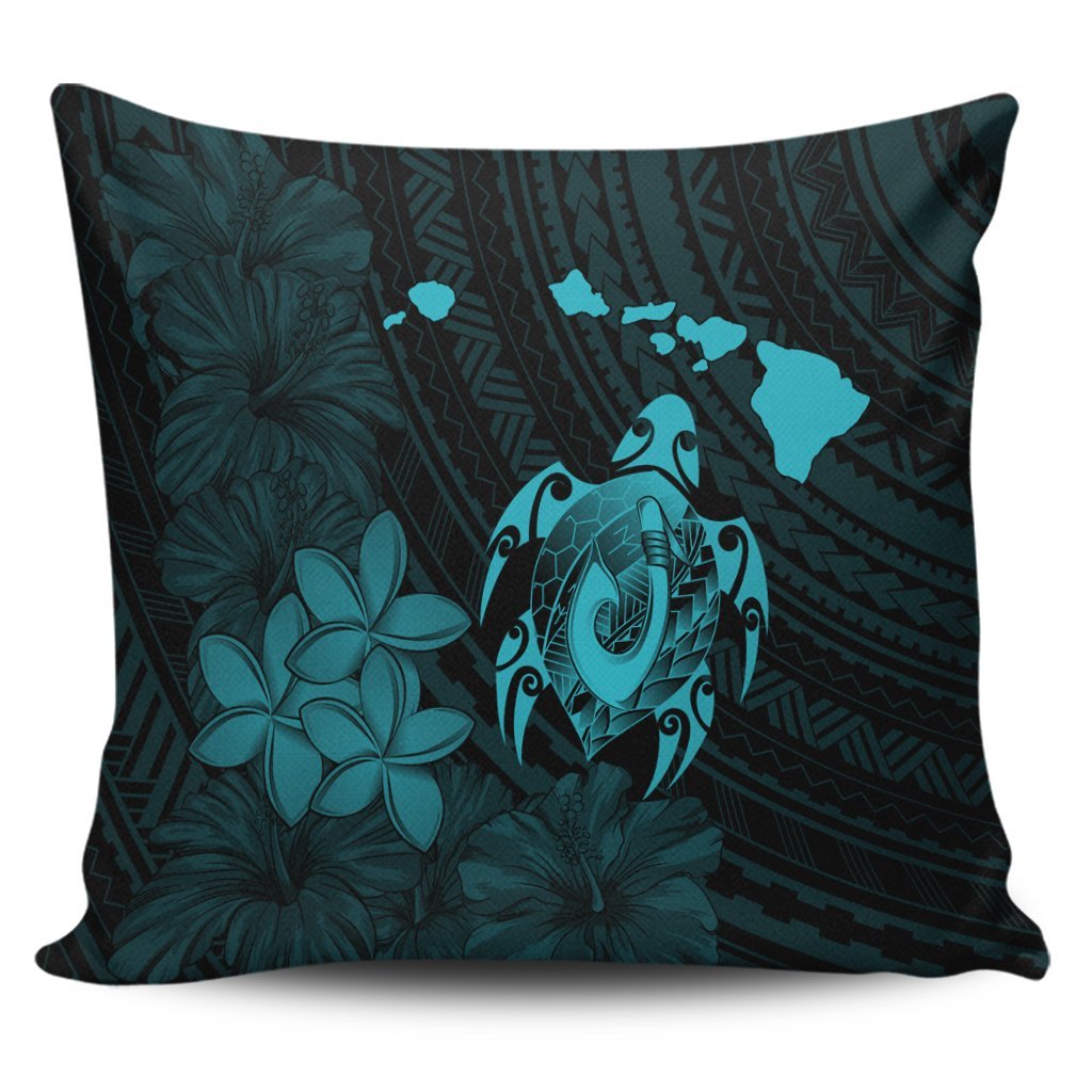 Hawaiian Map Turtle Plumeria Hibiscus Fish Hook Polynesian Pillow Covers Blue - AH Pillow Covers Black - Polynesian Pride