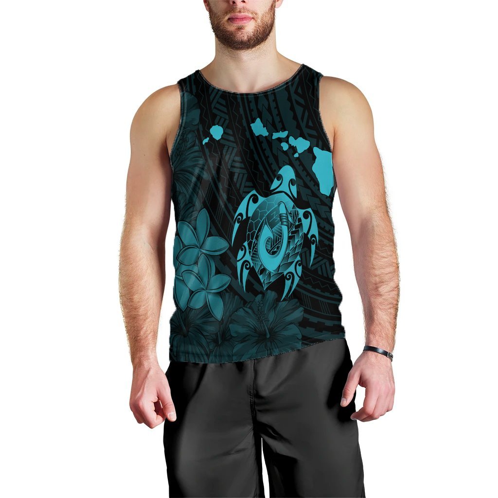 Hawaiian Map Turtle Plumeria Hibiscus Fish Hook Polynesian Tank Top Blue - AH Black - Polynesian Pride