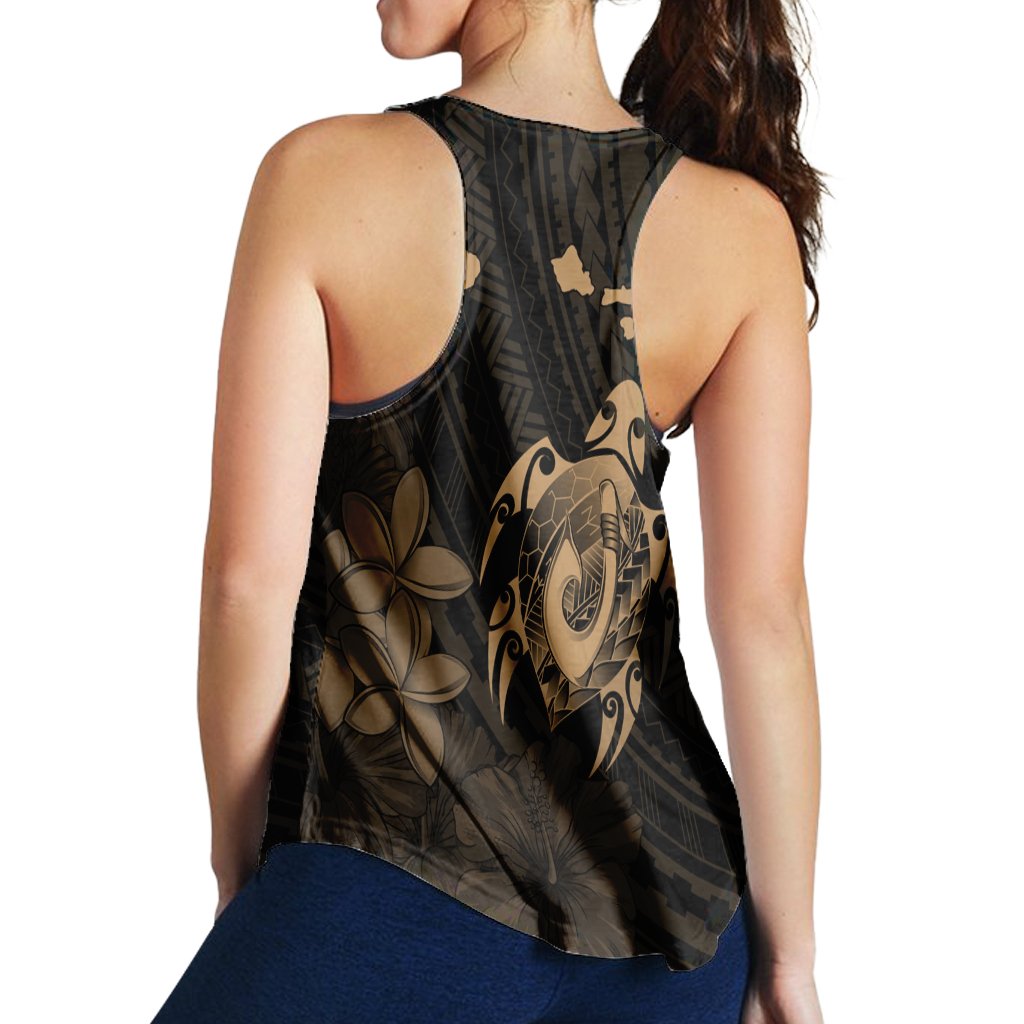 Hawaiian Map Turtle Plumeria Hibiscus Fish Hook Polynesian Racerback Tank Gold - AH - Polynesian Pride
