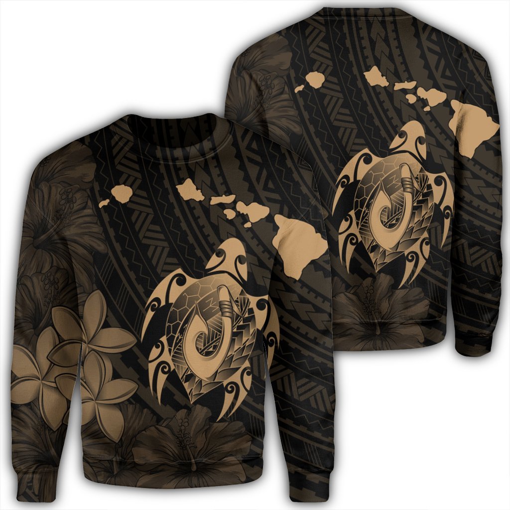 Hawaiian Map Turtle Plumeria Hibiscus Fish Hook Polynesian Sweatshirt Gold - AH Unisex Black - Polynesian Pride