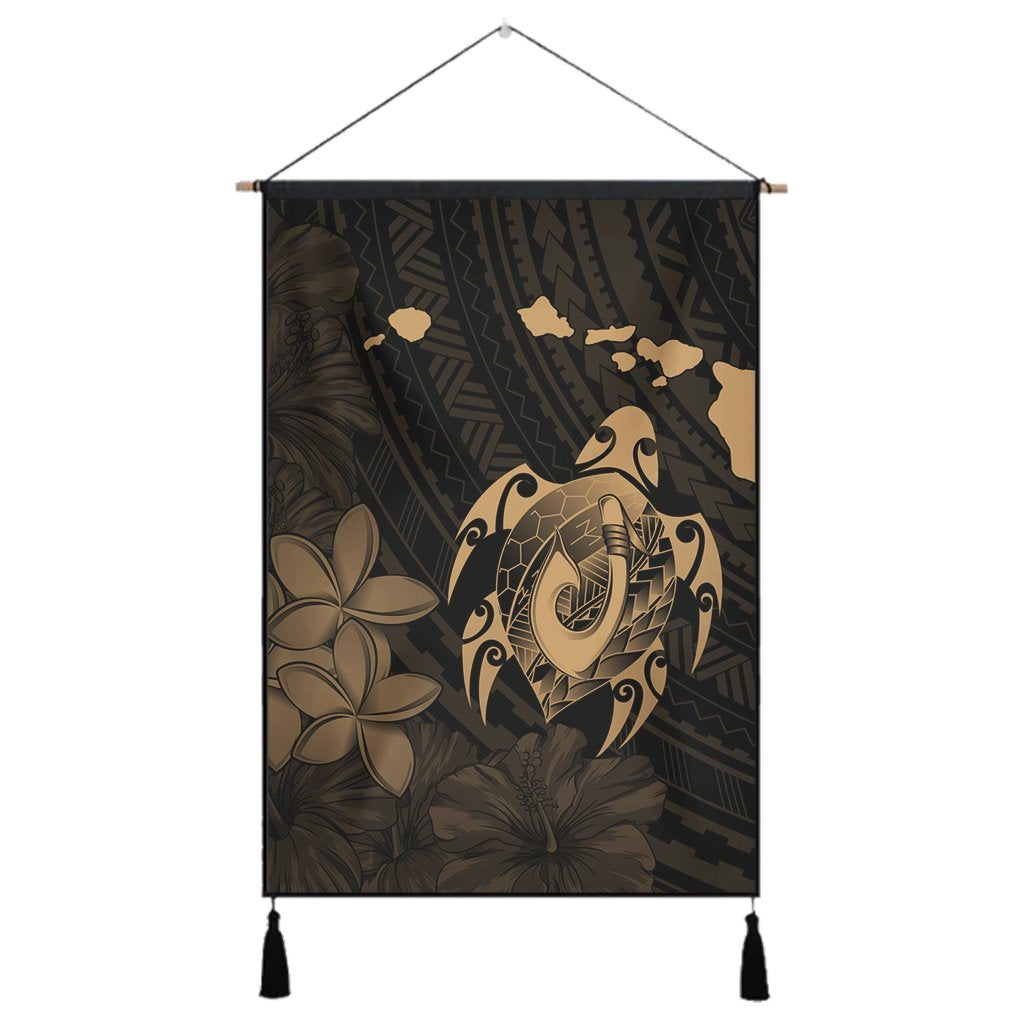 Hawaiian Map Turtle Plumeria Hibiscus Fish Hook Polynesian Hanging Poster Gold - AH Hanging Poster Cotton And Linen - Polynesian Pride