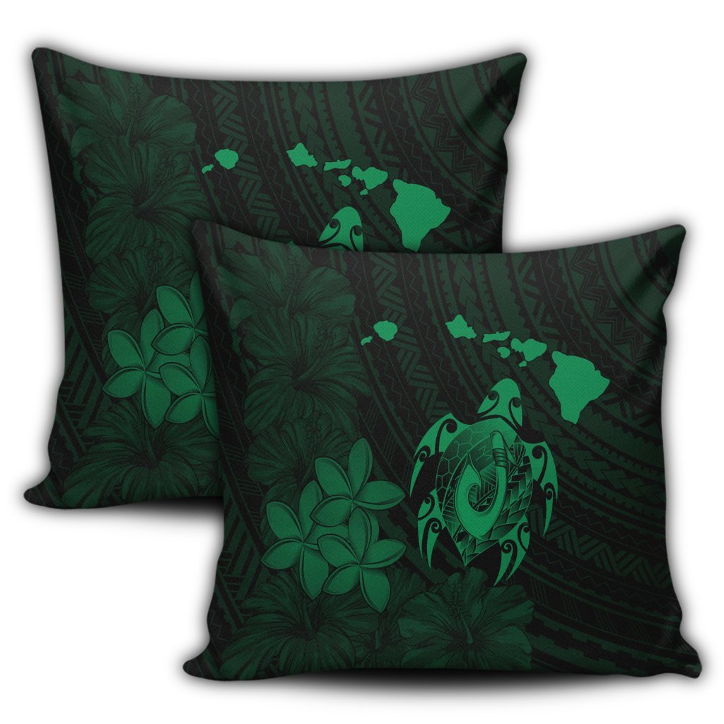 Hawaiian Map Turtle Plumeria Hibiscus Fish Hook Polynesian Pillow Covers Green - AH - Polynesian Pride
