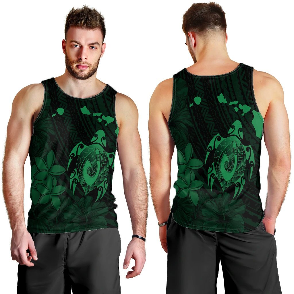 Hawaiian Map Turtle Plumeria Hibiscus Fish Hook Polynesian Tank Top Green - AH - Polynesian Pride