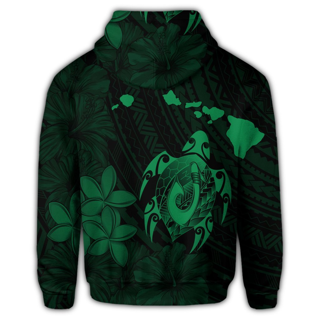 Hawaiian Map Turtle Plumeria Hibiscus Fish Hook Polynesian Zip Hoodie Green - Polynesian Pride