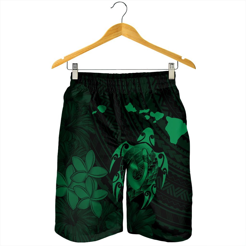 Hawaiian Map Turtle Plumeria Hibiscus Fish Hook Polynesian Men's Shorts Green - AH - Polynesian Pride