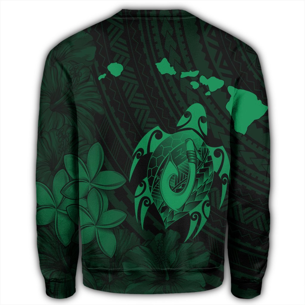 Hawaiian Map Turtle Plumeria Hibiscus Fish Hook Polynesian Sweatshirt Green - AH - Polynesian Pride