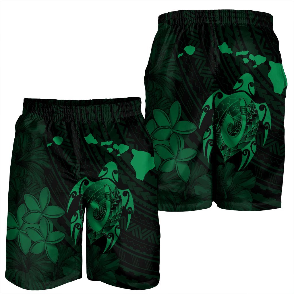 Hawaiian Map Turtle Plumeria Hibiscus Fish Hook Polynesian Men's Shorts Green - AH - Polynesian Pride
