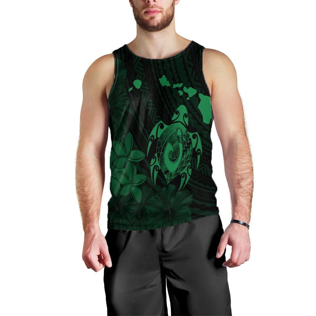 Hawaiian Map Turtle Plumeria Hibiscus Fish Hook Polynesian Tank Top Green - AH Black - Polynesian Pride