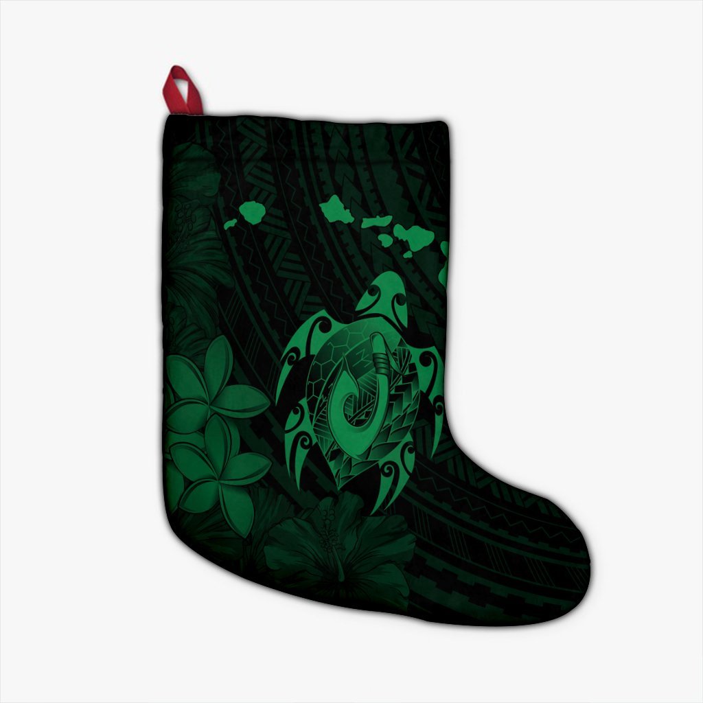 Hawaiian Map Turtle Plumeria Hibiscus Fish Hook Polynesian Christmas Stocking Green - AH Christmas Stocking 26 X 42 cm Black - Polynesian Pride