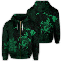 Hawaiian Map Turtle Plumeria Hibiscus Fish Hook Polynesian Zip Hoodie Green Unisex Art - Polynesian Pride