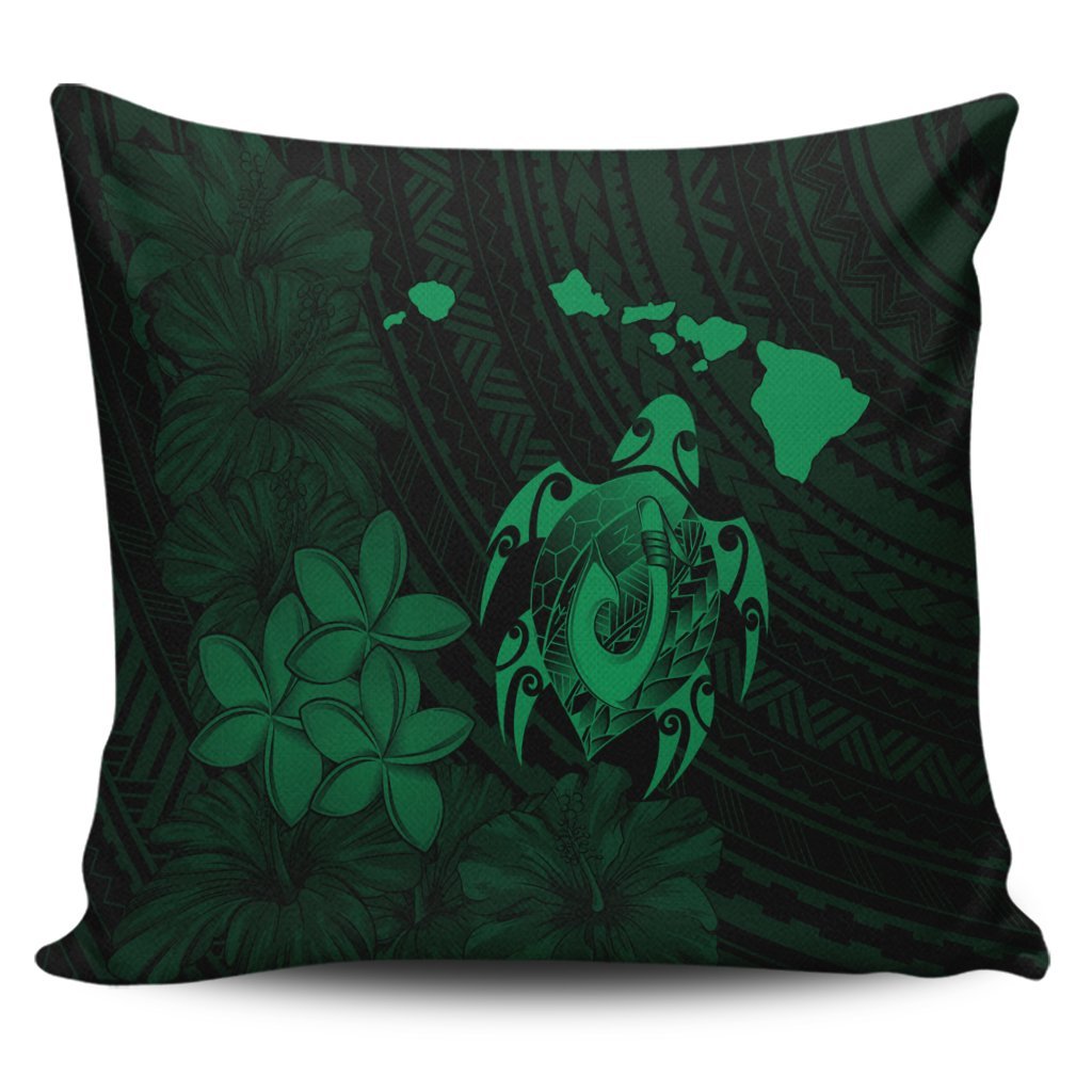 Hawaiian Map Turtle Plumeria Hibiscus Fish Hook Polynesian Pillow Covers Green - AH Pillow Covers Black - Polynesian Pride