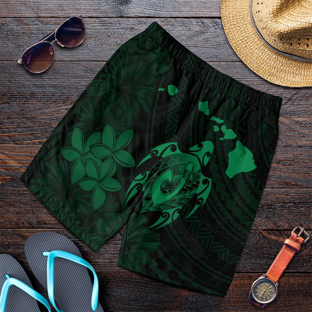 Hawaiian Map Turtle Plumeria Hibiscus Fish Hook Polynesian Men's Shorts Green - AH Art - Polynesian Pride