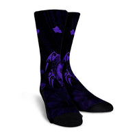Hawaiian Map Turtle Plumeria Hibiscus Fish Hook Polynesian Crew Socks Purple - AH - Polynesian Pride