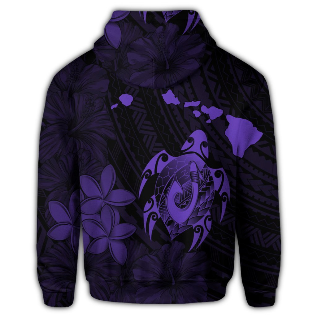 Hawaiian Map Turtle Plumeria Hibiscus Fish Hook Polynesian Zip Hoodie Purple - Polynesian Pride