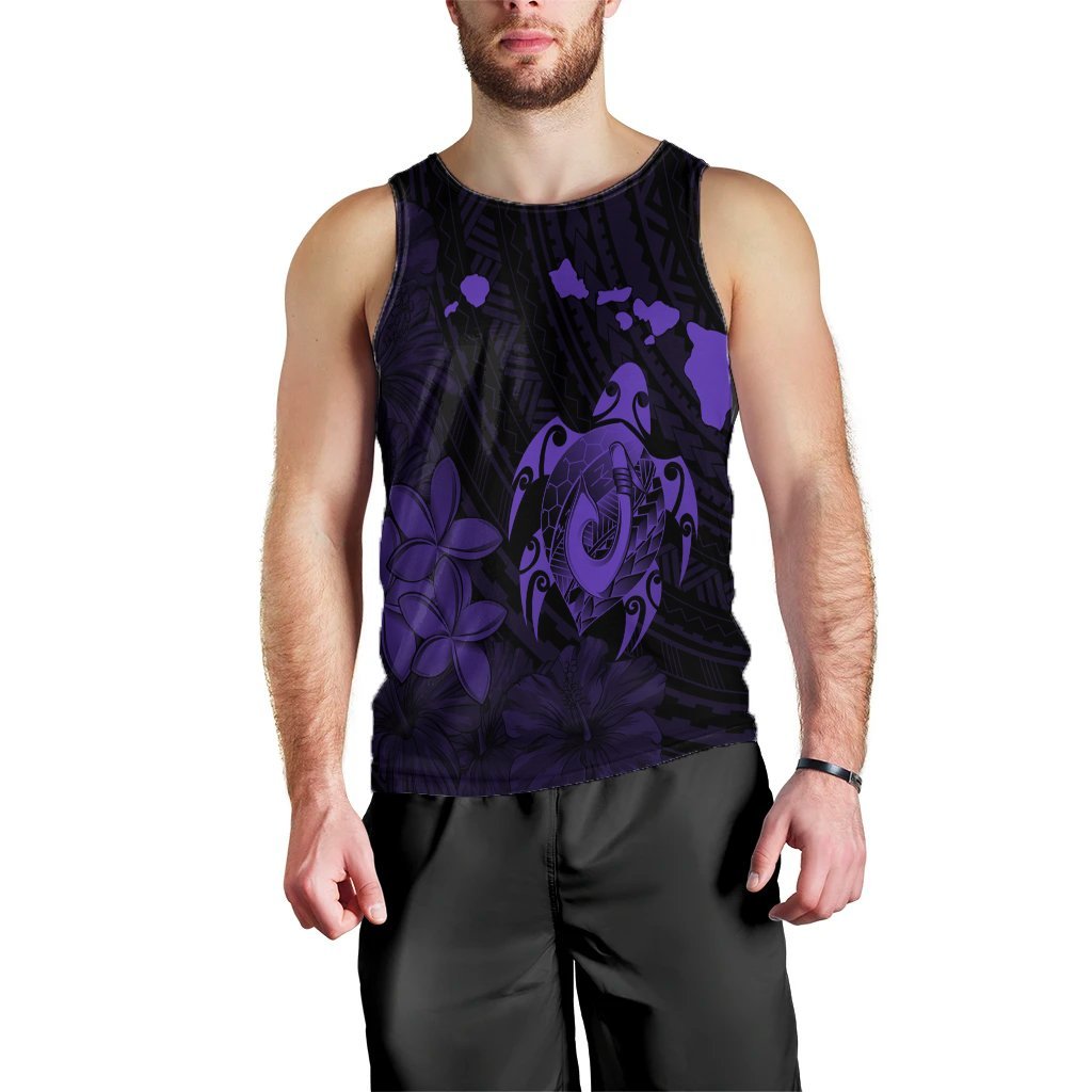 Hawaiian Map Turtle Plumeria Hibiscus Fish Hook Polynesian Tank Top Purple - AH Black - Polynesian Pride