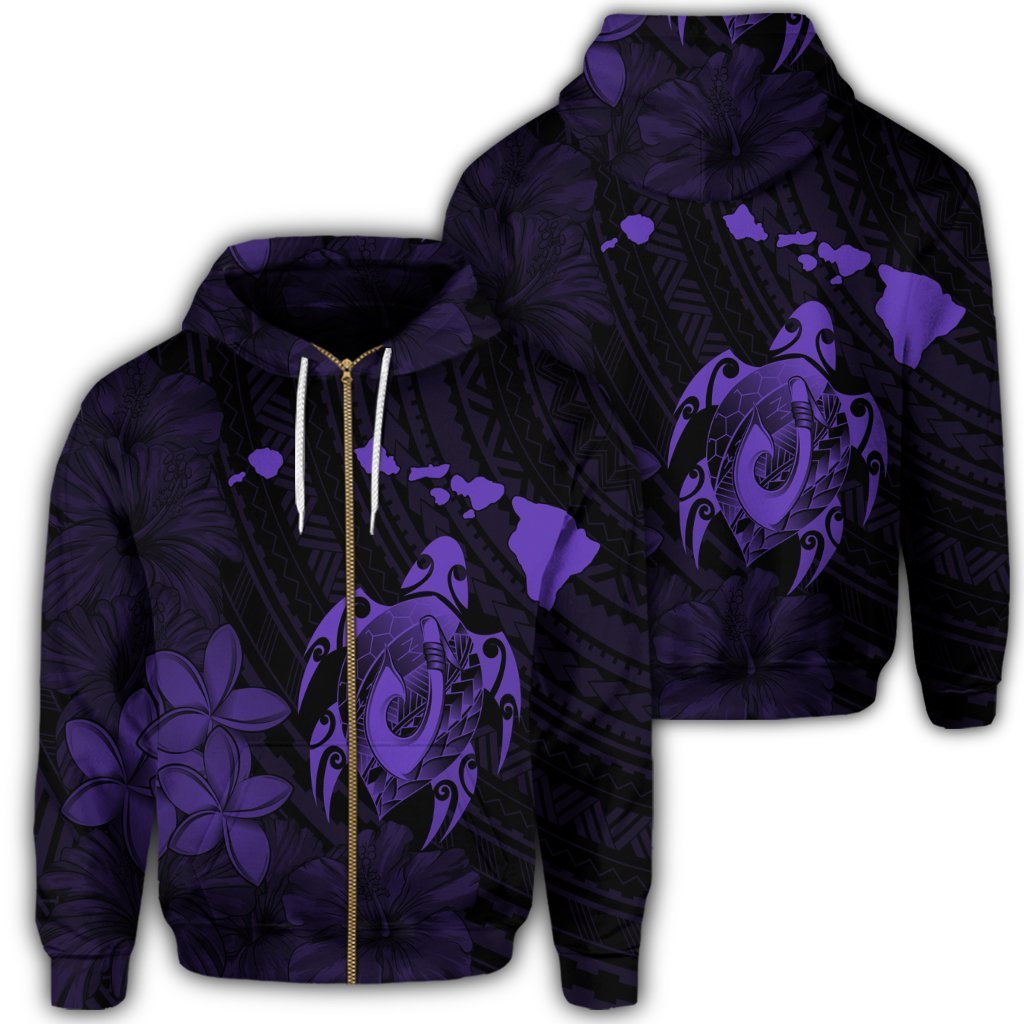 Hawaiian Map Turtle Plumeria Hibiscus Fish Hook Polynesian Zip Hoodie Purple Unisex Art - Polynesian Pride