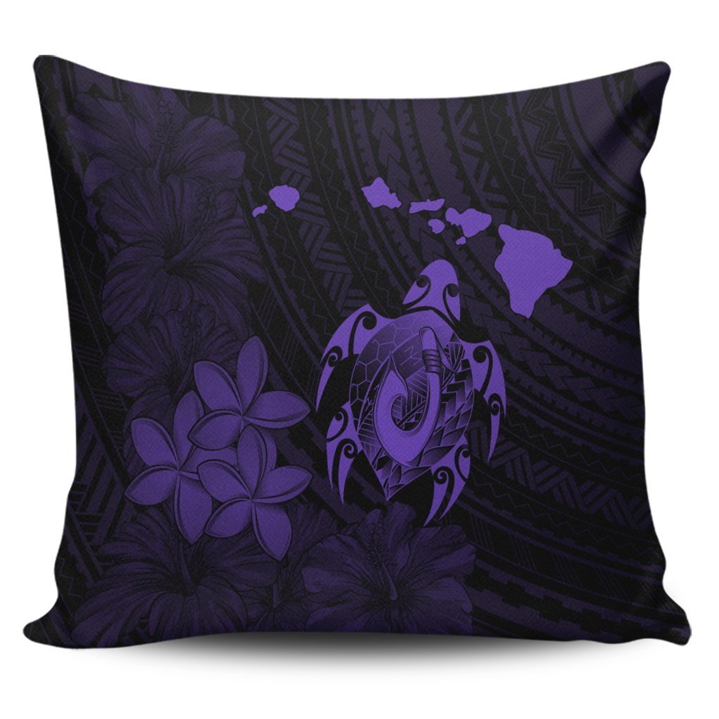 Hawaiian Map Turtle Plumeria Hibiscus Fish Hook Polynesian Pillow Covers Purple - AH Pillow Covers Black - Polynesian Pride