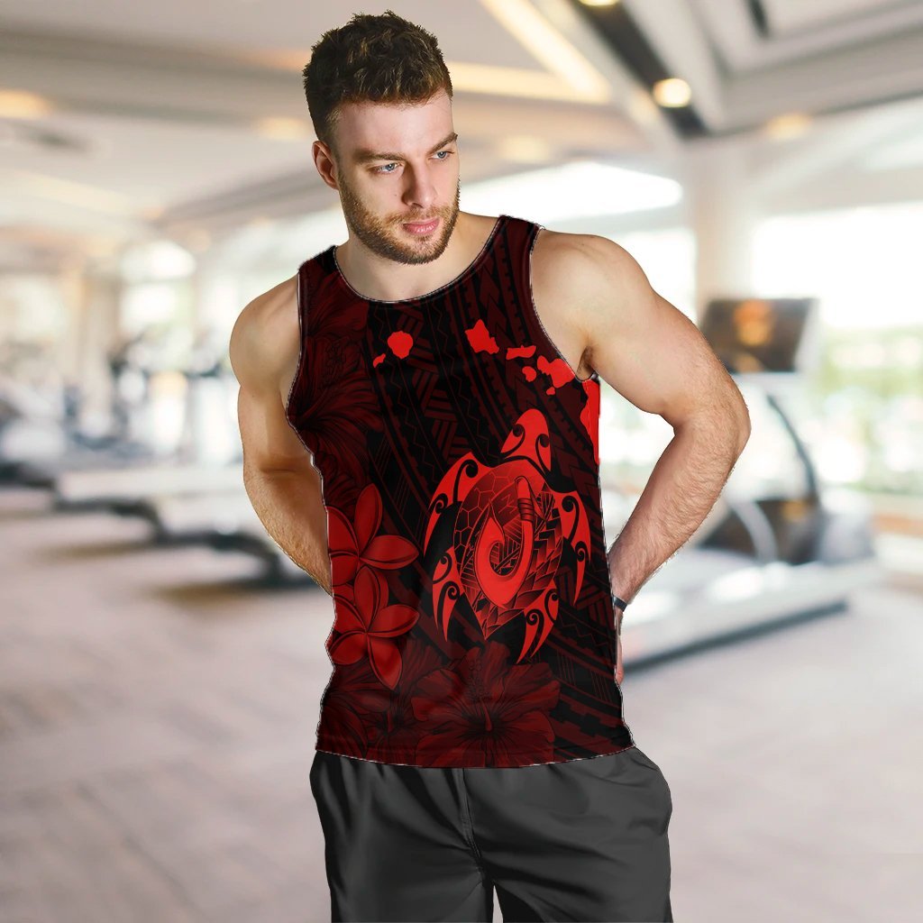 Hawaiian Map Turtle Plumeria Hibiscus Fish Hook Polynesian Tank Top Red - AH - Polynesian Pride