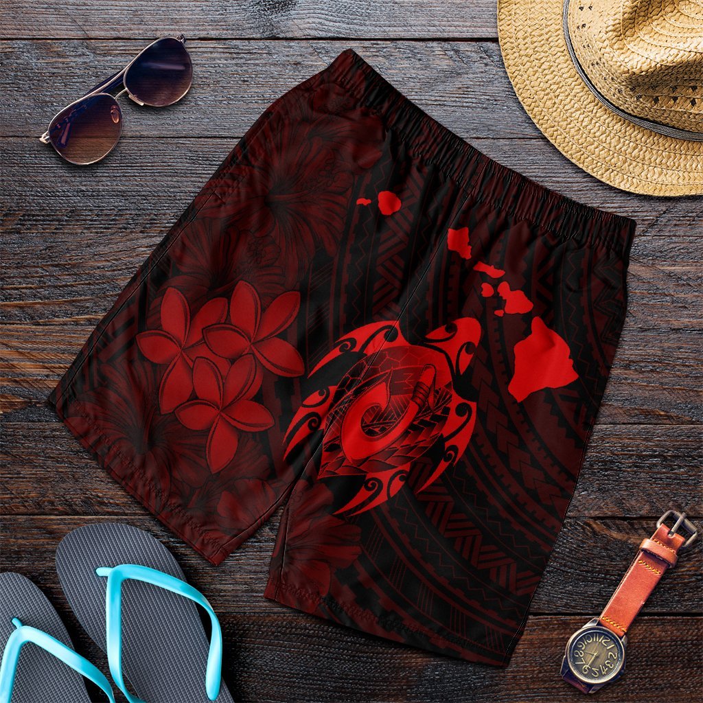 Hawaiian Map Turtle Plumeria Hibiscus Fish Hook Polynesian Men's Shorts Red - AH Art - Polynesian Pride