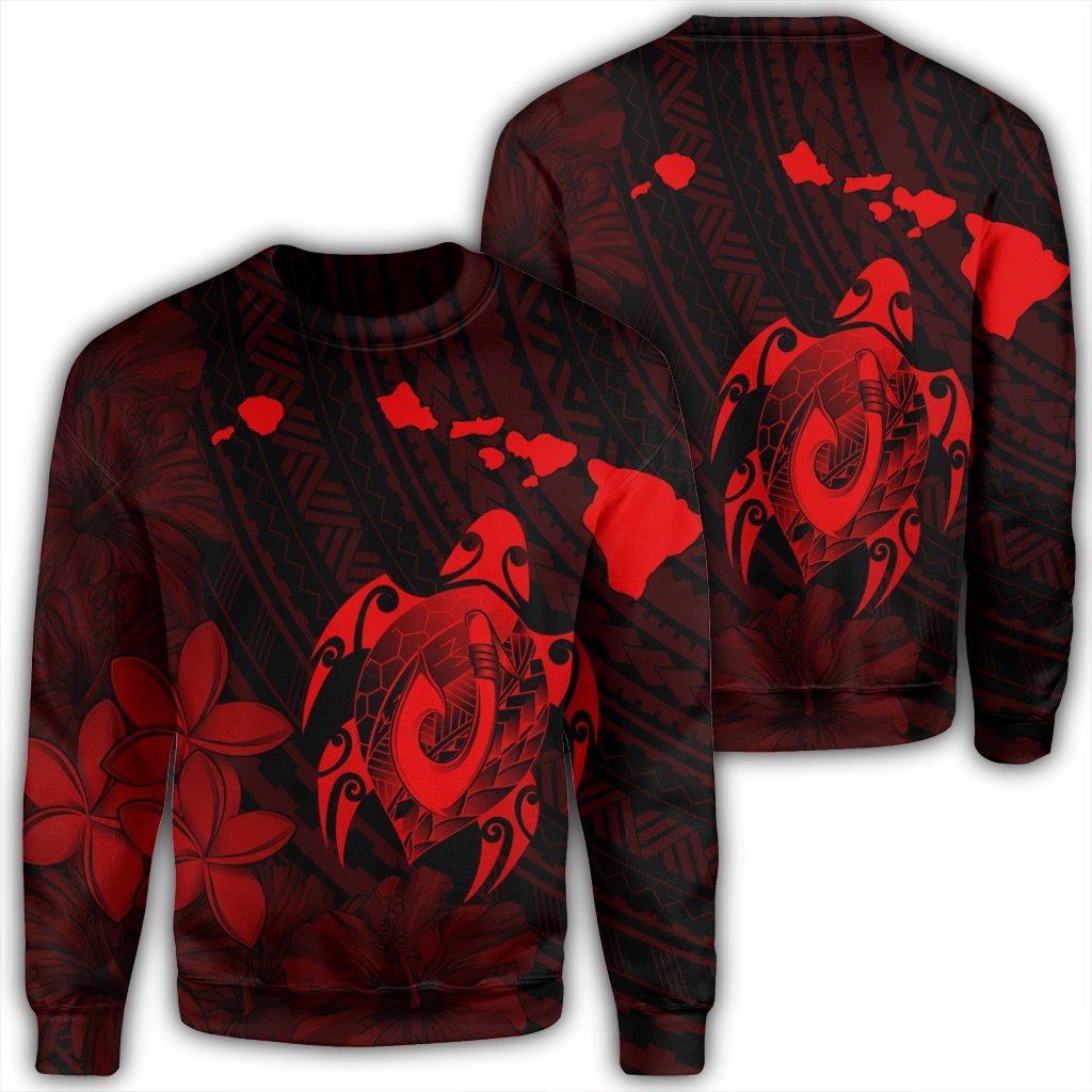 Hawaiian Map Turtle Plumeria Hibiscus Fish Hook Polynesian Sweatshirt Red - AH Unisex Black - Polynesian Pride