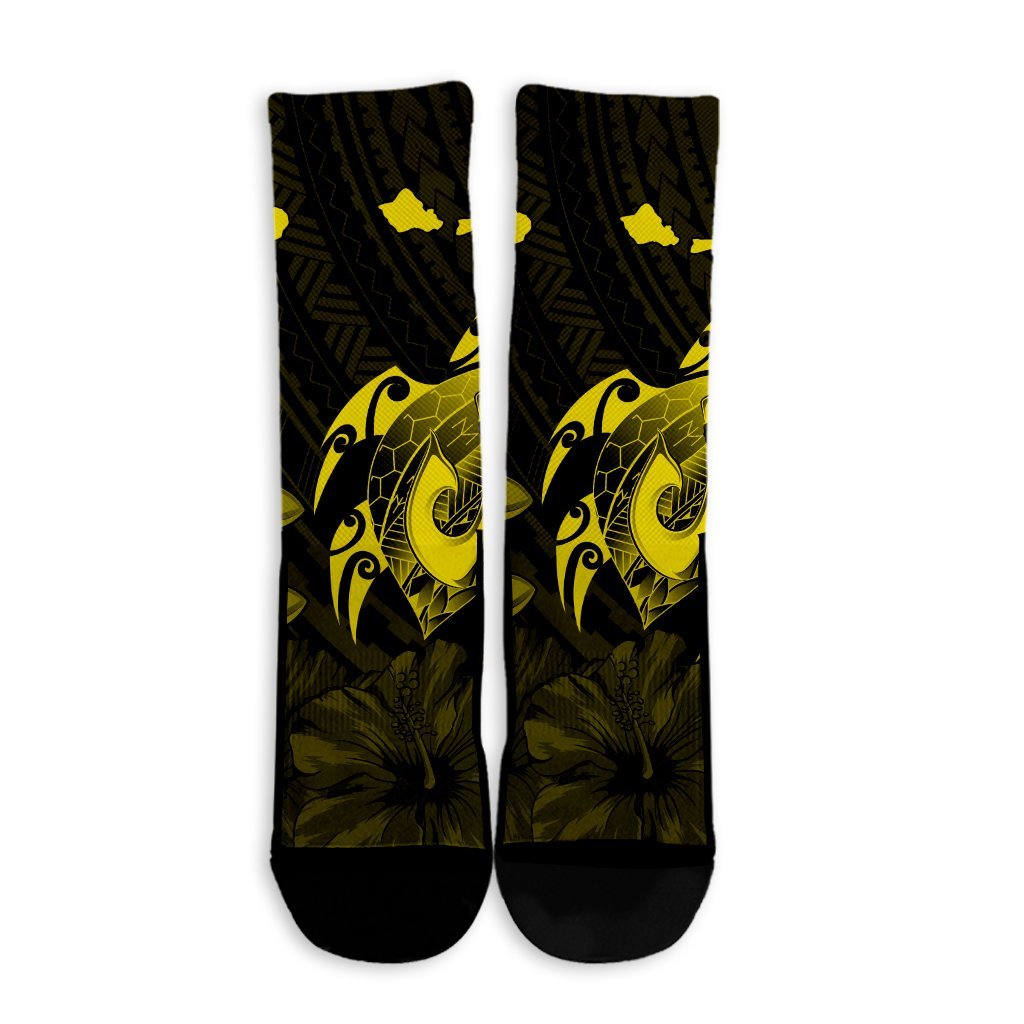 Hawaiian Map Turtle Plumeria Hibiscus Fish Hook Polynesian Crew Socks Yellow - AH - Polynesian Pride