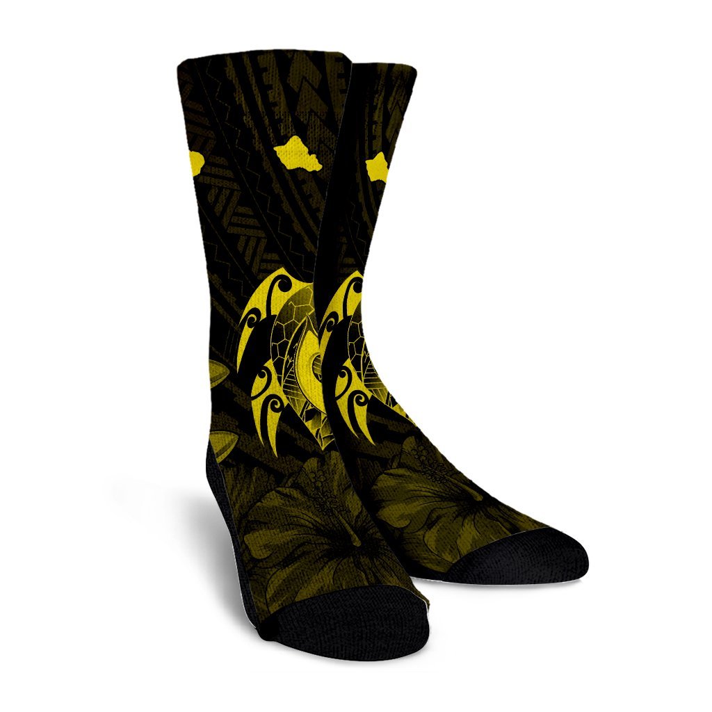Hawaiian Map Turtle Plumeria Hibiscus Fish Hook Polynesian Crew Socks Yellow - AH - Polynesian Pride