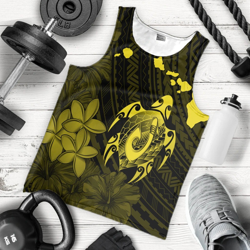 Hawaiian Map Turtle Plumeria Hibiscus Fish Hook Polynesian Tank Top Yellow - AH - Polynesian Pride