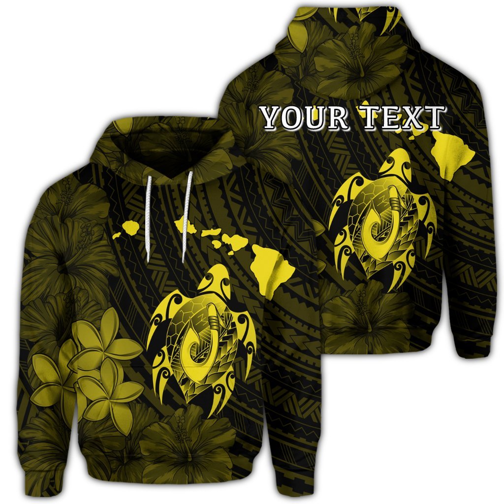 Custom Hawaiian Map Turtle Plumeria Hibiscus Fish Hook Polynesian Hoodie Yellow Unisex Art - Polynesian Pride