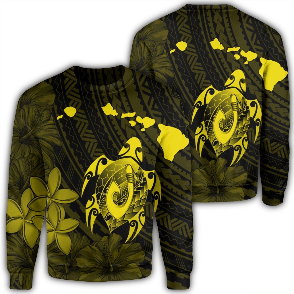 Hawaiian Map Turtle Plumeria Hibiscus Fish Hook Polynesian Sweatshirt Yellow - AH Unisex Black - Polynesian Pride
