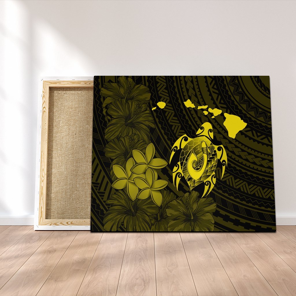 Hawaiian Map Turtle Plumeria Hibiscus Fish Hook Polynesian Canvas Yellow - AH Canvas Poly-cotton - Polynesian Pride