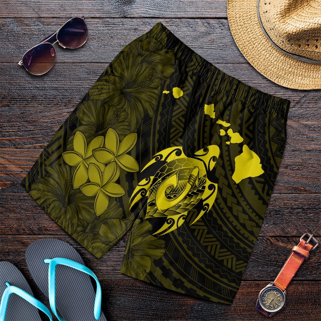 Hawaiian Map Turtle Plumeria Hibiscus Fish Hook Polynesian Men's Shorts Yellow - AH Art - Polynesian Pride