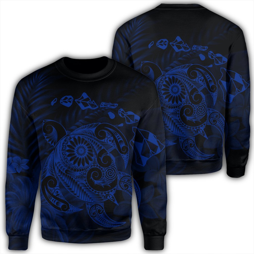 Hawaiian Map Turtle Tattoo Hibiscus Plumeria Polynesian Sweatshirt - Blue - AH Unisex Black - Polynesian Pride